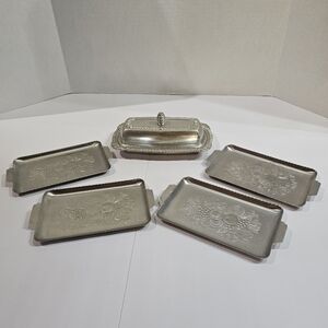 Vintage Aluminum Butter Dish w/ 4 Aluminum Snack Tray Fruit Design READ